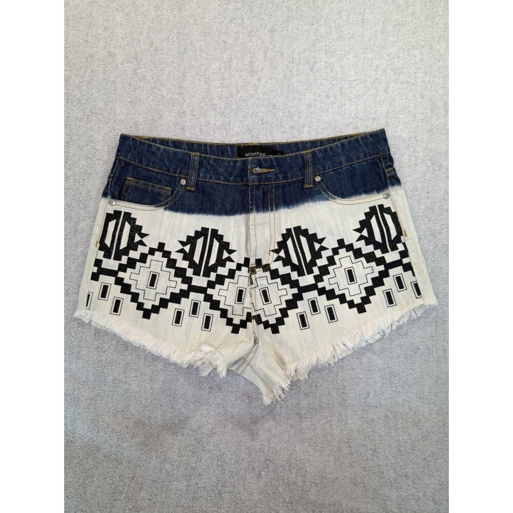 MINKPINK Shorts Women L Geometric Boho Cut Off Denim Fringe Zip Flat Front